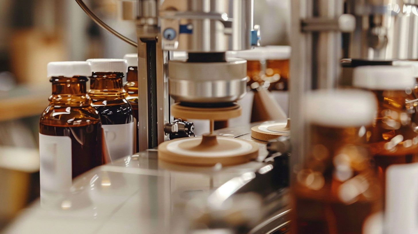 An-automatic-label-applicator-applying-a-wrap-around-label-to-a-bottle